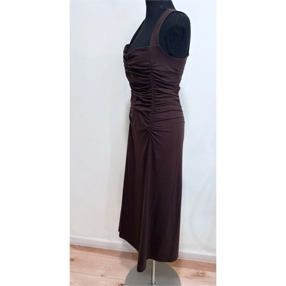 Reformation Suvi Knit Sweetheart Neckline Ruched Stretch Jersey Brown Midi Dress - Picture 6 of 13